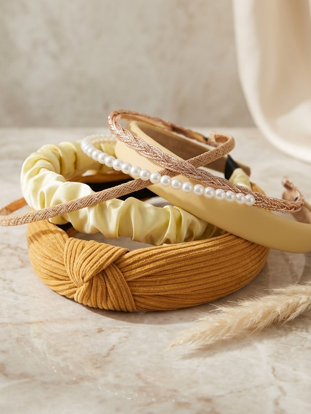 Set of 5 Fashion Headbands in Mustard, Lemon, Cream & Pearl Accents